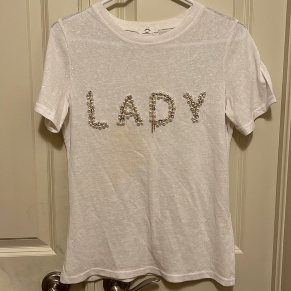 ANSHUNZI White Sparkly T-Shirt with “LADY” Sewed in with Pearls, Diamonds etc. - Picture 1 of 6